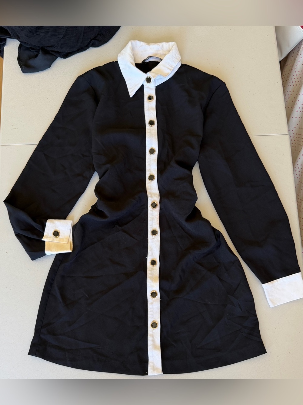 Zara Black White Contrast Collar Button Front Ruched Mini Shirt Dress Size S